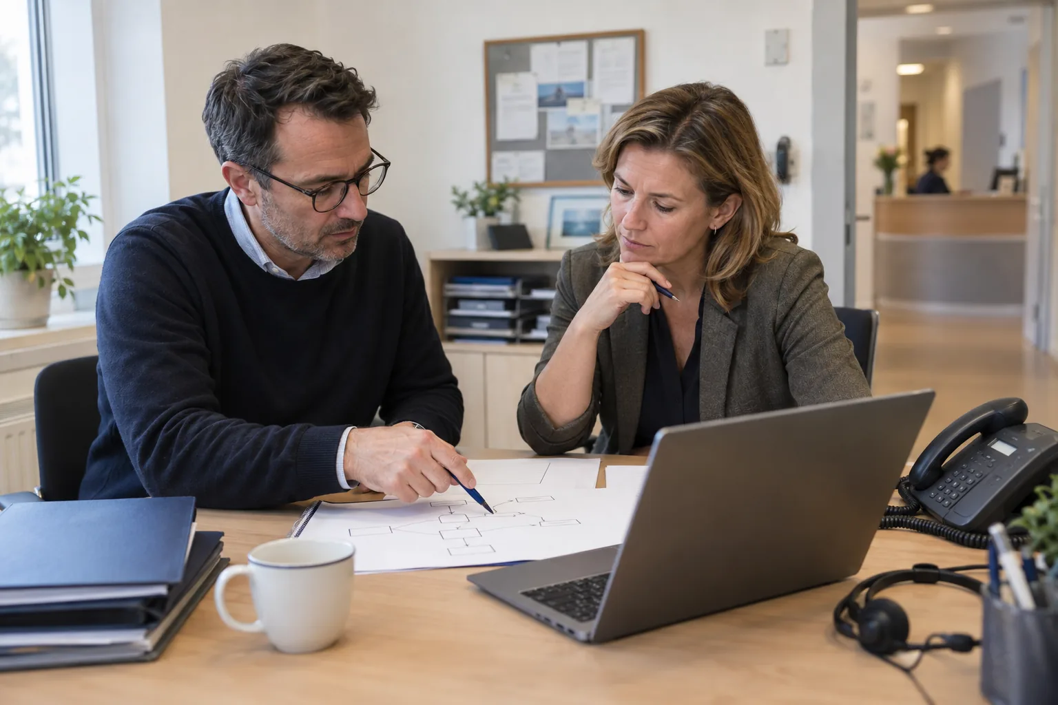 Responsable de la clínica y delegado de protección de datos revisan el flujo de llamadas de pacientes en una clínica europea