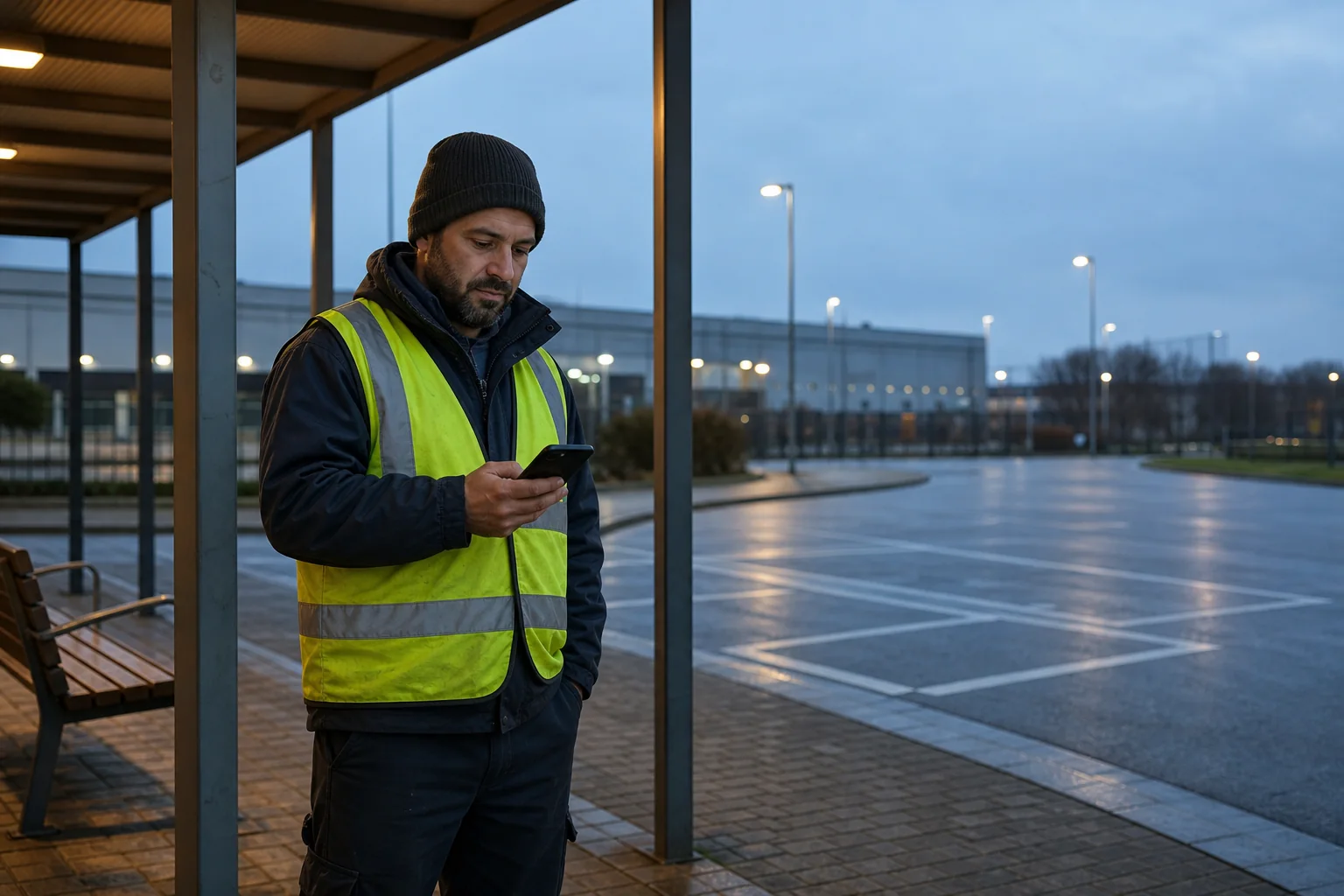 Temporary logistics worker reports a missing staff shuttle at a European pickup point before dawn